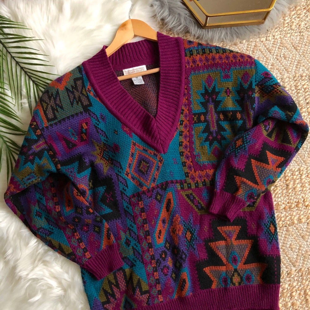Vintage Boho Multicolored Grandpa Sweater